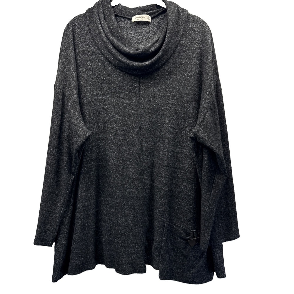 Jess & Jane Women's Cowl Neck Top Sz XL Charcoal Black Pullover Pocket Soft 3/4